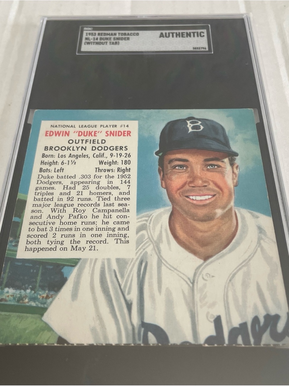 1953 Red Man NL #14 Duke Snider HOF  SGC Authentic Vintage Baseball Card